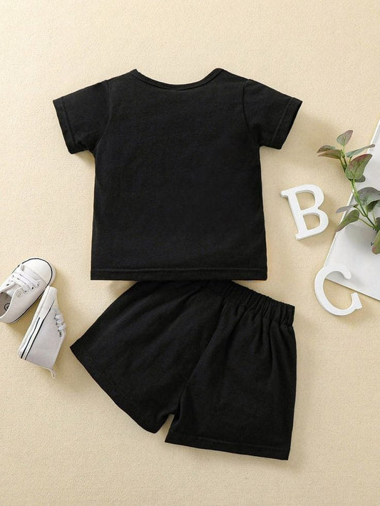 Cotton Blend Round Neck Mom + Dad Print Black T Shirt N Same Color Solid Pant Set